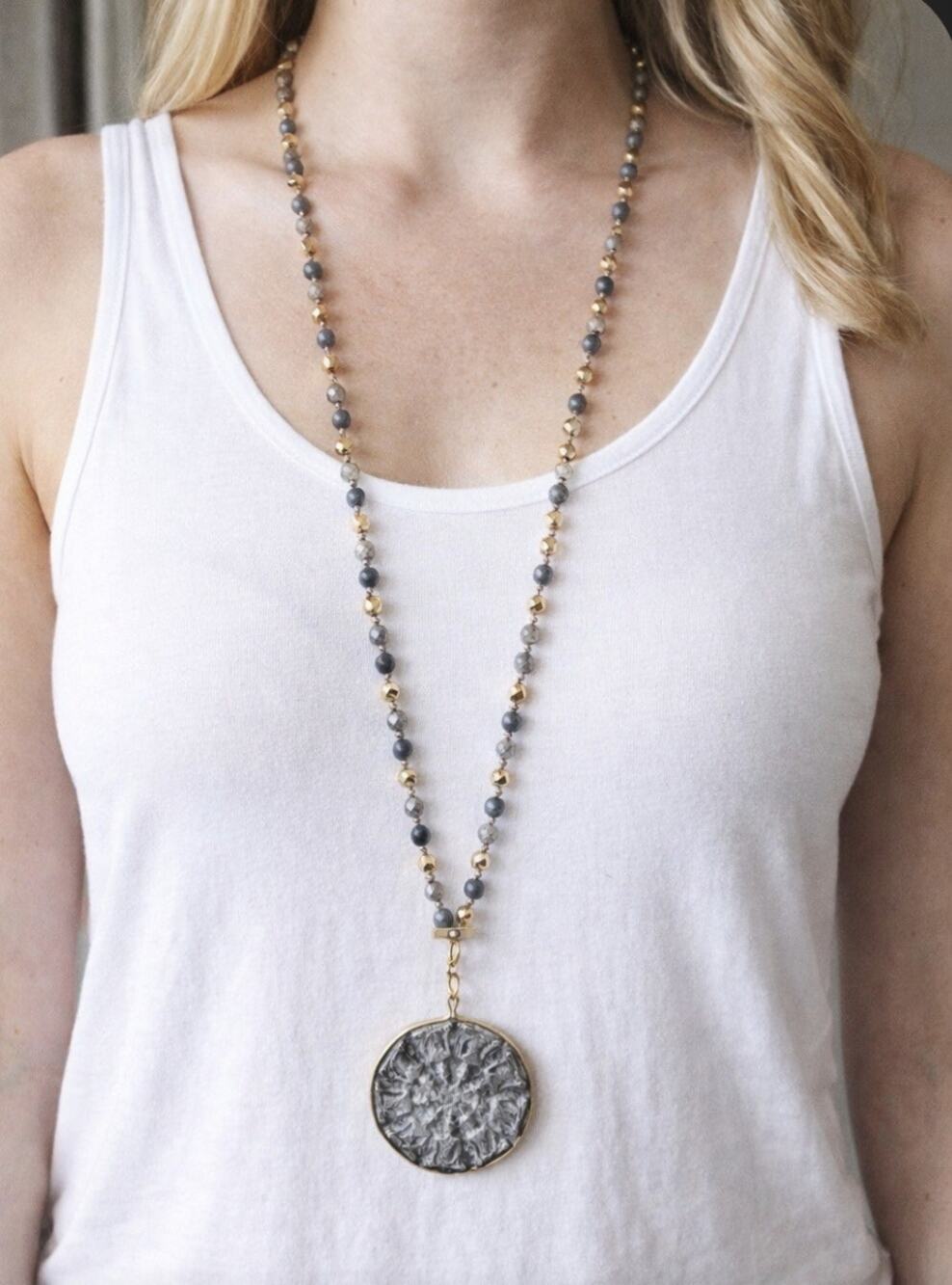 Pomina Semi Precious Beaded Pendent Long Necklace New